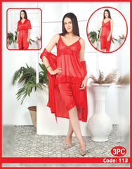 Florea - 3 Pcs Silk Nighty Set With Gown - 113