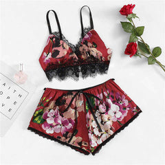 Florea Lingerie Set Printed Satin Two Piece Lace Bra and Panty with Elastic A006