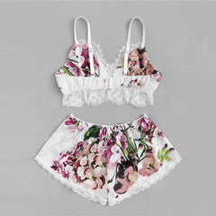Florea Lingerie Set Printed Satin Two Piece Lace Bra and Panty with Elastic A006