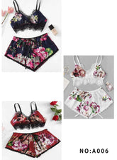 Florea Lingerie Set Printed Satin Two Piece Lace Bra and Panty with Elastic A006