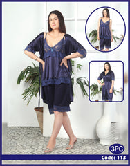 Florea - 3 Pcs Silk Nighty Set With Gown - 113
