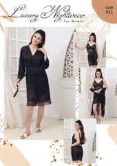 Florea - 3 Pcs Silk Nighty Set With Gown - 011