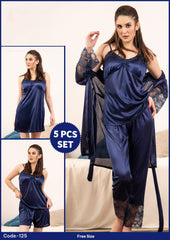 Florea - 5 Pcs Silk Nighty Set With Gown - 125