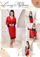 Florea - 3 Pcs Silk Nighty Set With Gown - 011