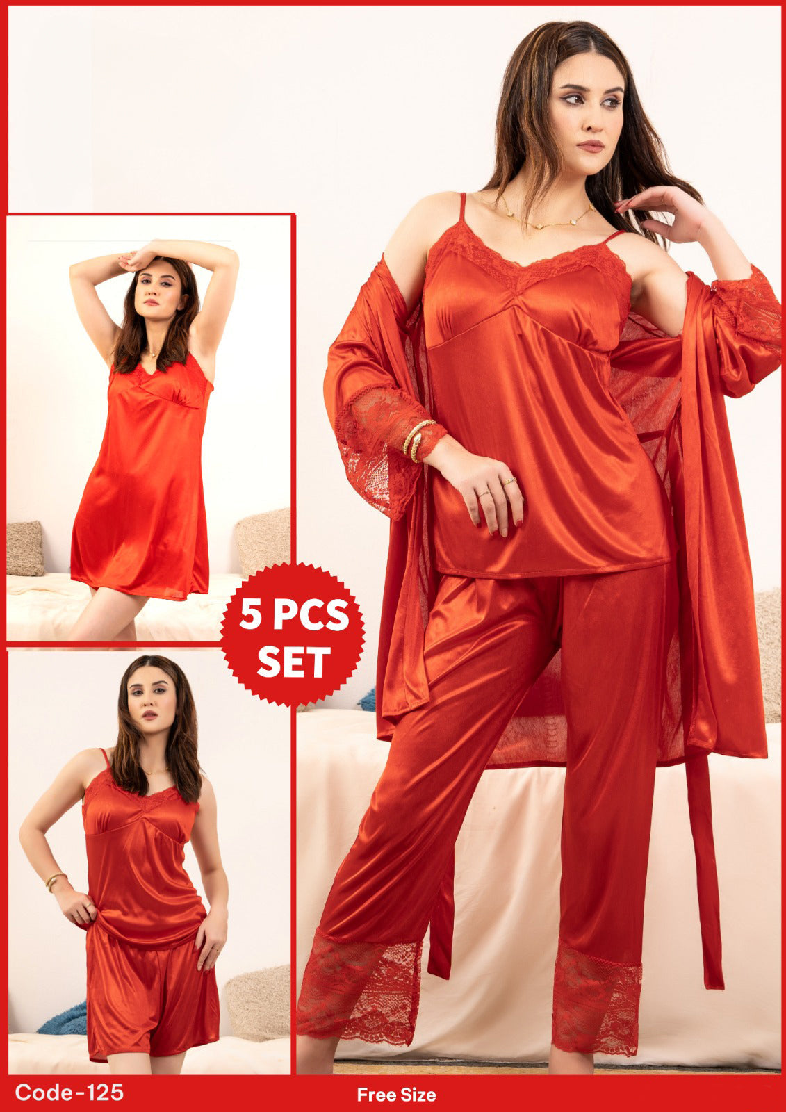 Florea - 5 Pcs Silk Nighty Set With Gown - 125
