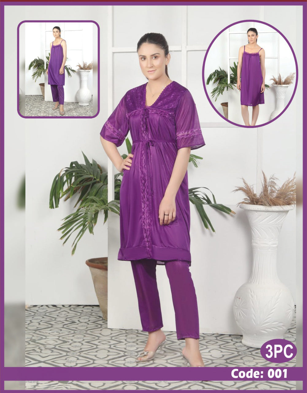Florea - 3 Pcs Nighty Set With Gown - 001
