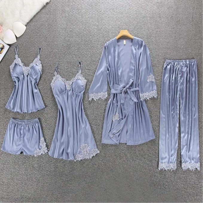 Florea | 5pcs LONG SILK NIGHTY SET