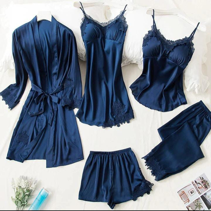 Florea | 5pcs LONG SILK NIGHTY SET
