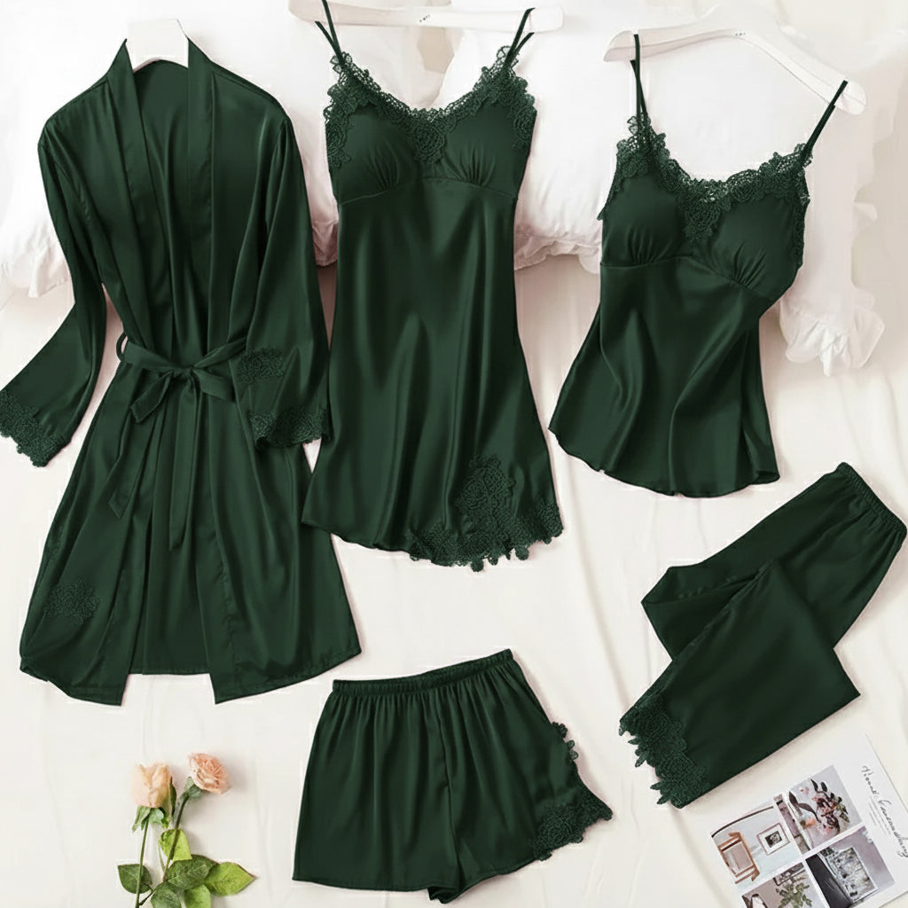 Florea | 5pcs LONG SILK NIGHTY SET
