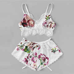 Florea Lingerie Set Printed Satin Two Piece Lace Bra and Panty  with Elastic A006