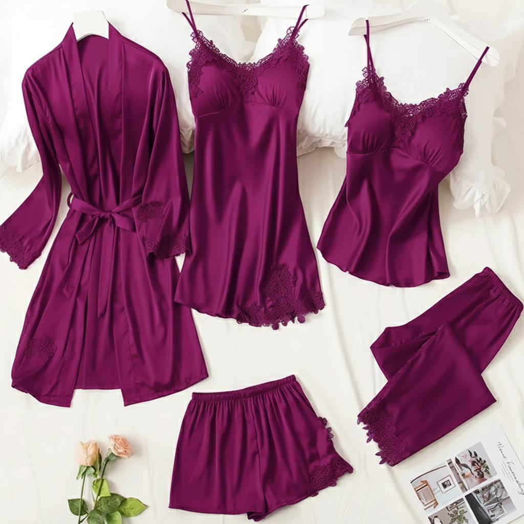 Florea | 5pcs LONG SILK NIGHTY SET