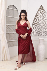 Florea - 2 PCS LONG SLIT SILK NIGHTY SET 120 - Maroon